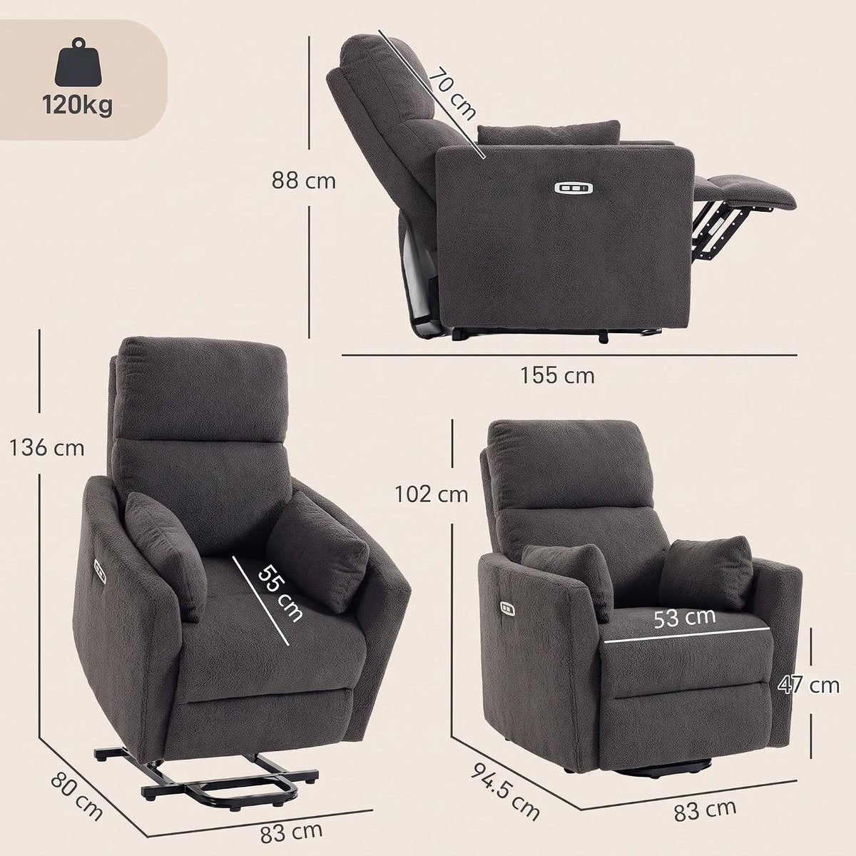 HOMCOM Riser Recliner Chair with Vibration Massage and Heat, Dark Grey