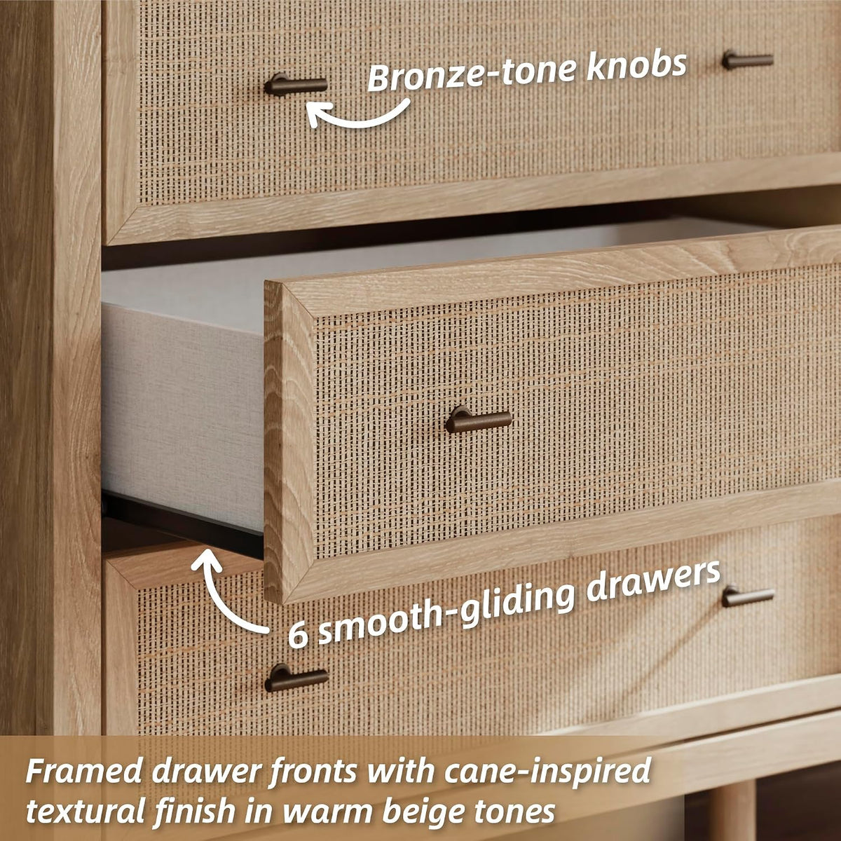 Signature Design by Ashley 6 Drawer Bedroom Dresser, Light Oak, Cielden | Textured beige faux cane fronts, Bronze knobs, Quick assembly, Contemporary coastal bedroom decor