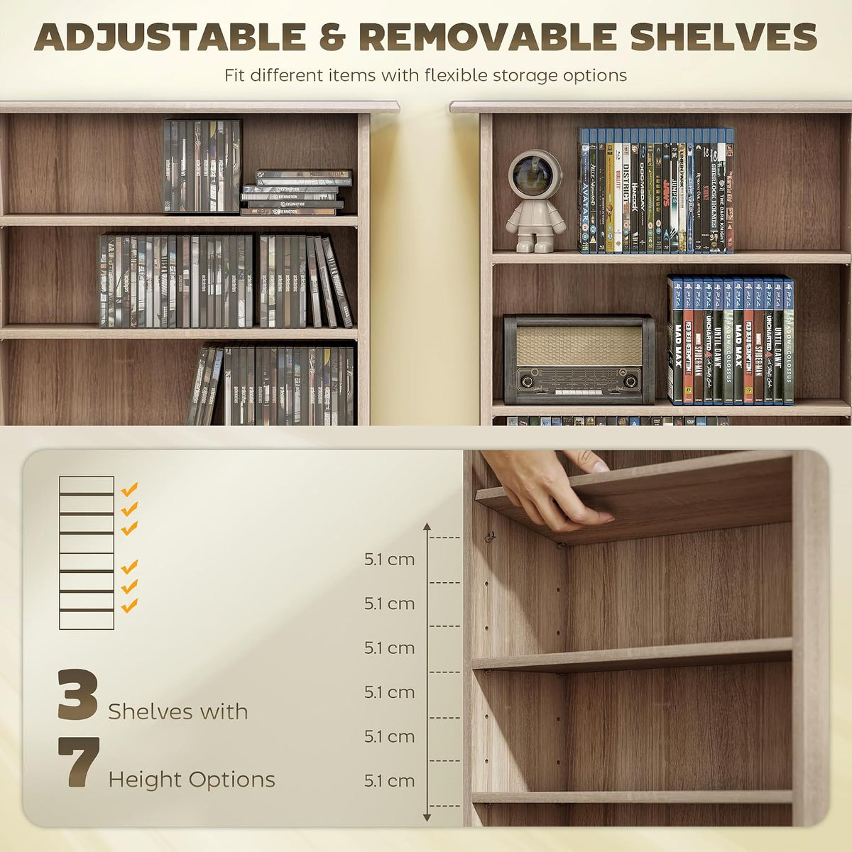 HOMCOM 360 CD/185 DVD Storage Unit 6 Adjustable Shelves Natural Wood Finish