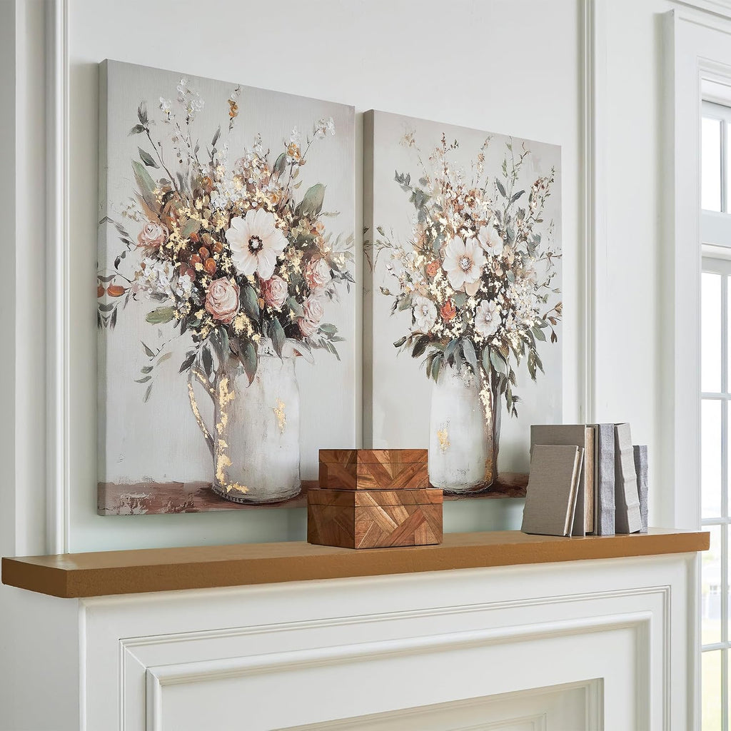 Signature Design by Ashley Floral Canvas Gallery Wall Art Sets | Unframed gallery wrapped canvas over wood, Hand painted textures with gold foil embellishments for living rooms, Faisaldon