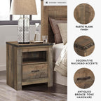 Signature Design by Ashley Trinell Nightstand with Charging Station | Dual USB ports, Engineered wood construction, Open storage cubby, Smooth-operating drawer, Antiqued bronze-tone hardware