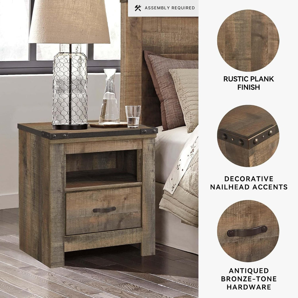 Signature Design by Ashley Trinell Nightstand with Charging Station | Dual USB ports, Engineered wood construction, Open storage cubby, Smooth-operating drawer, Antiqued bronze-tone hardware