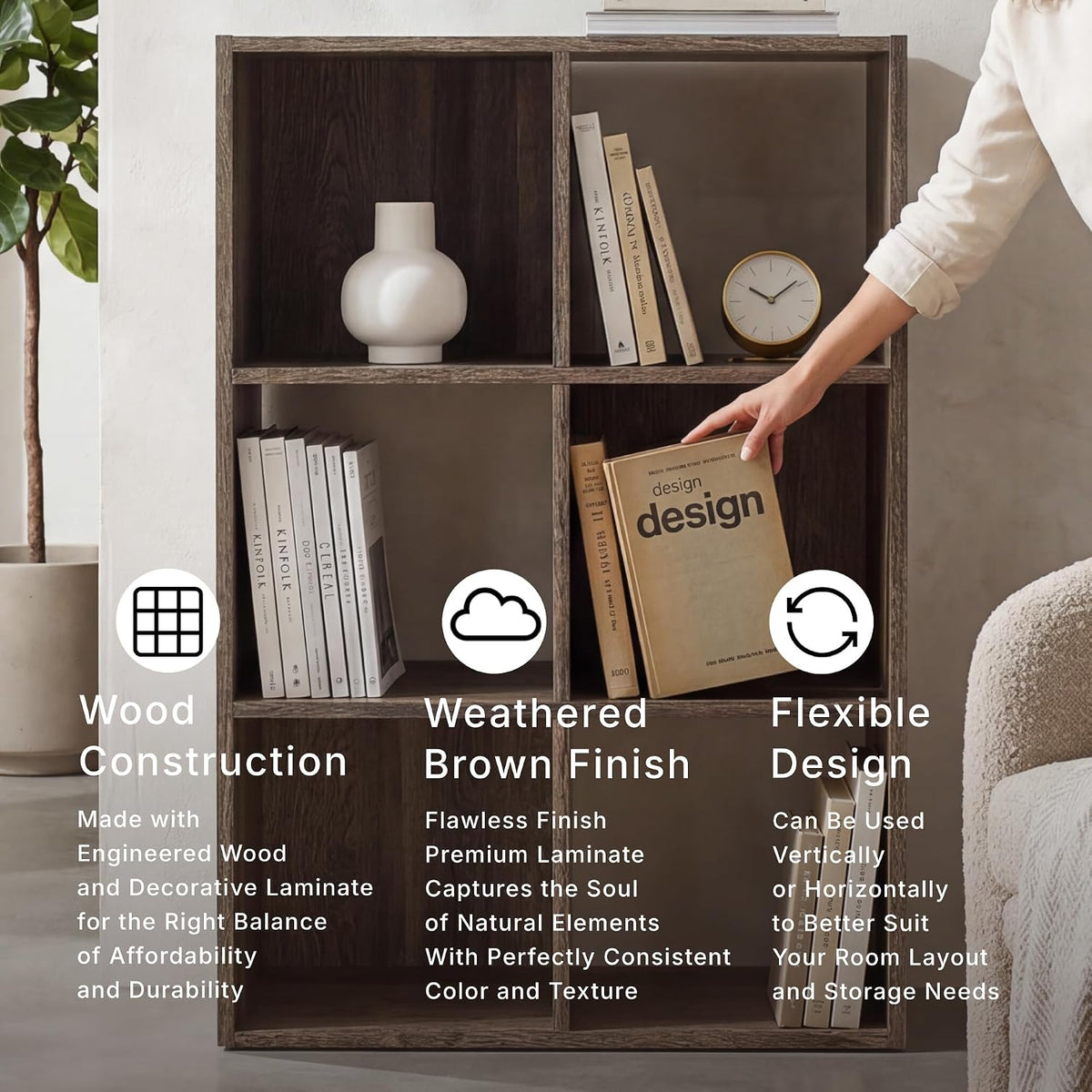 Signature Design by Ashley 6 Cube Storage Organizer, Brown Bookshelf | Durable engineered wood, Weathered brown finish, Fits standard 10.5-inch bins for neat closet storage, Shallifer Series