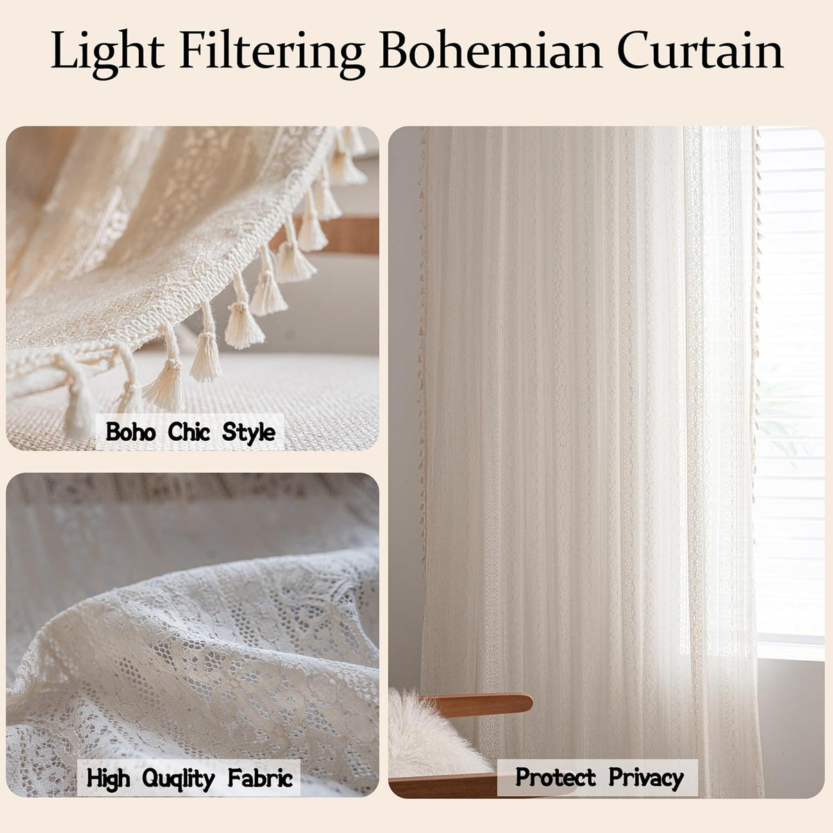 Sutuo Home Boho Curtain Crochet Lace Semi-Sheer Florals Hollow Knitted Handmade Tassels, Rod Pocket Window Treatment Vintage Rustic Farmhouse Drapes for Living Bedroom, 1 Panel 59" W x 84" L, Beige