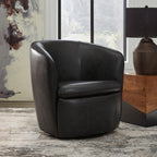Signature Design by Ashley Leather Swivel Accent Chair, Midnight | 100% top grain leather, Swivel barrel chair, No assembly required, Sloped arms, Sturdy metal frame, Kierreys Series