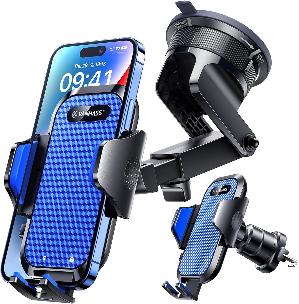 [True Military-Grade] Car Phone Holder VANMASS [Upgraded Strongest Suction&Clip] Cell Phone Mount for Dashboard Windshield Vent Kit, Truck Cradle Stand for iPhone 18 Pro Max 17 16 15 Android,Ink Black