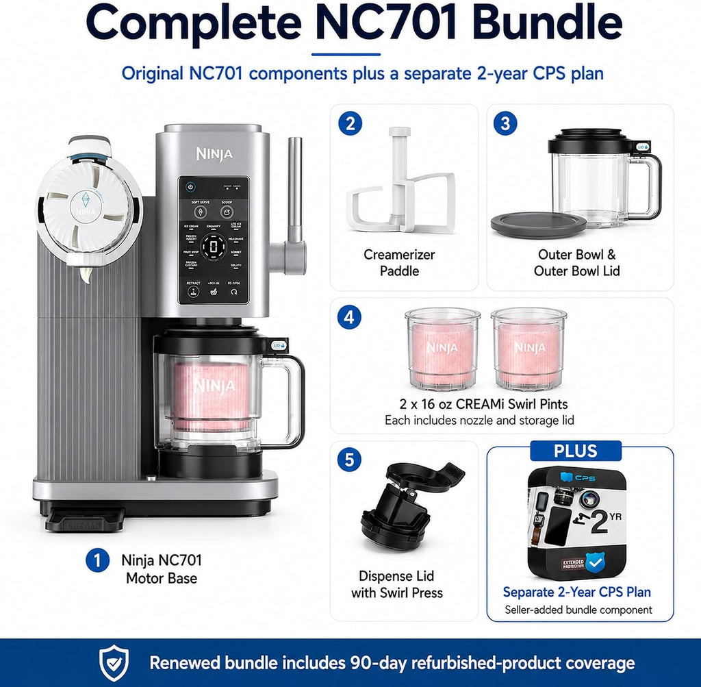 Ninja NC701 CREAMi Swirl 13-in-1 Soft Serve Ice Cream Machine (Renewed) Bundle with 2 YR CPS Enhanced Protection Pack
