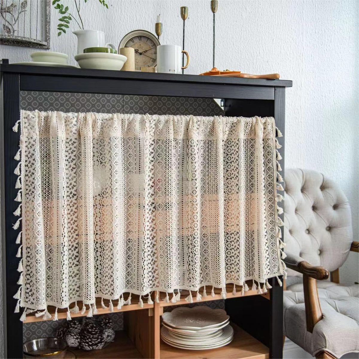 Sutuo Home Boho Curtain Crochet Lace Semi-Sheer Florals Hollow Knitted Handmade Tassels, Rod Pocket Window Treatment Vintage Rustic Farmhouse Drapes for Living Bedroom, 1 Panel 59" W x 84" L, Beige