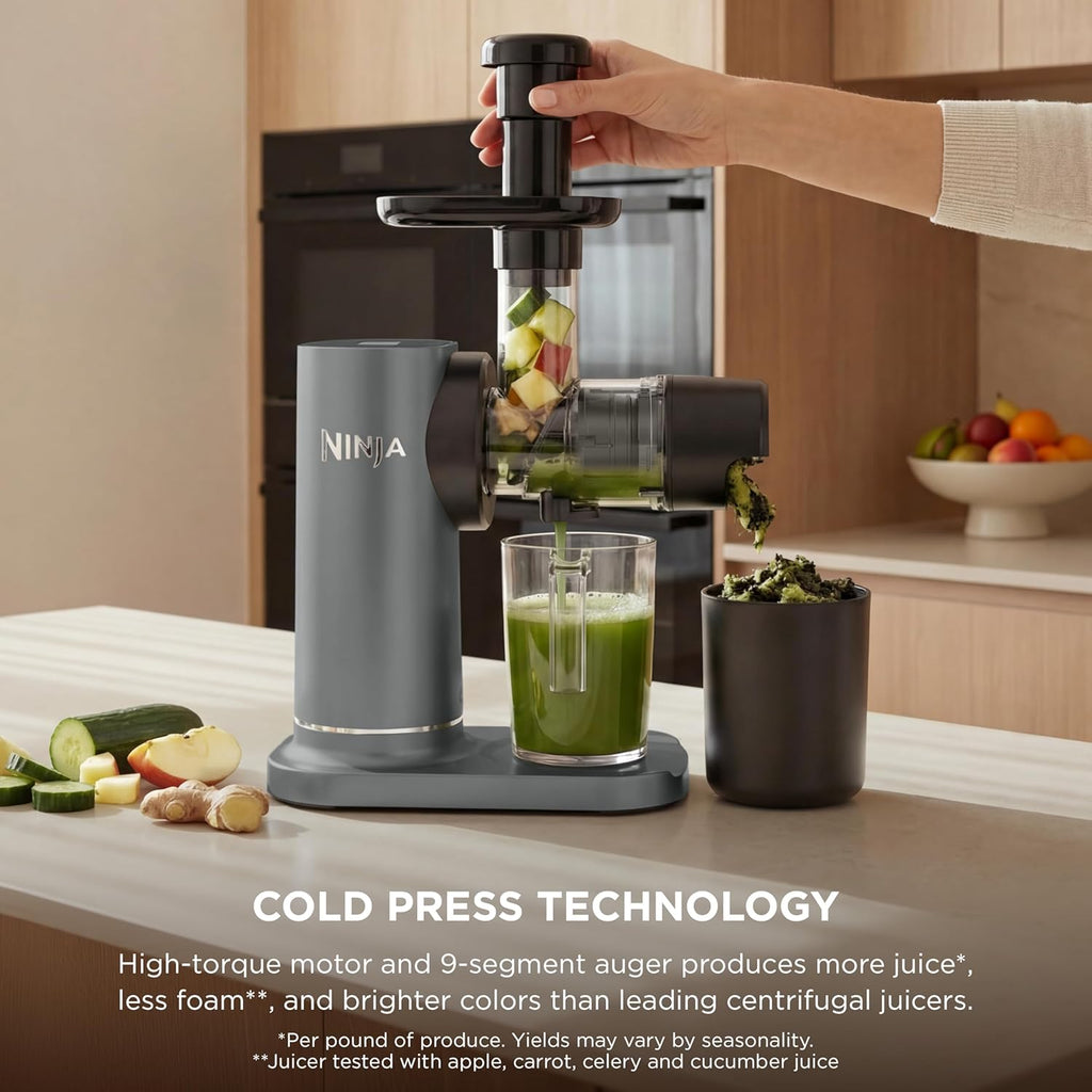 Ninja NeverClog Cold Press Juicer, 24oz Jug, 36oz Pulp, Charcoal, JC151 | 150W high-torque auger juices fibrous fruits & veggies. Total Pulp Control, 2 one-touch programs. Dishwasher safe.