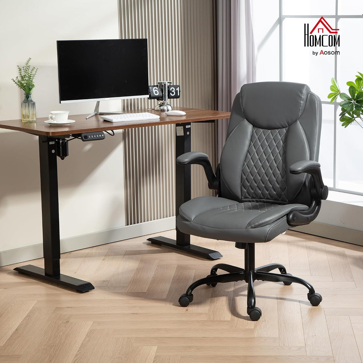 HOMCOM Executive Office Chair with Flip-Up Armrests for Home Charcoal Grey