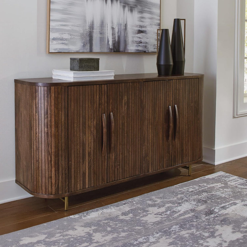 Signature Design by Ashley Mango Wood Accent Cabinet with Doors, Sideboard | Heavyweight construction in rich dark brown, Elegant vertical fluting, Curved sides, Wire management, Amickly Series