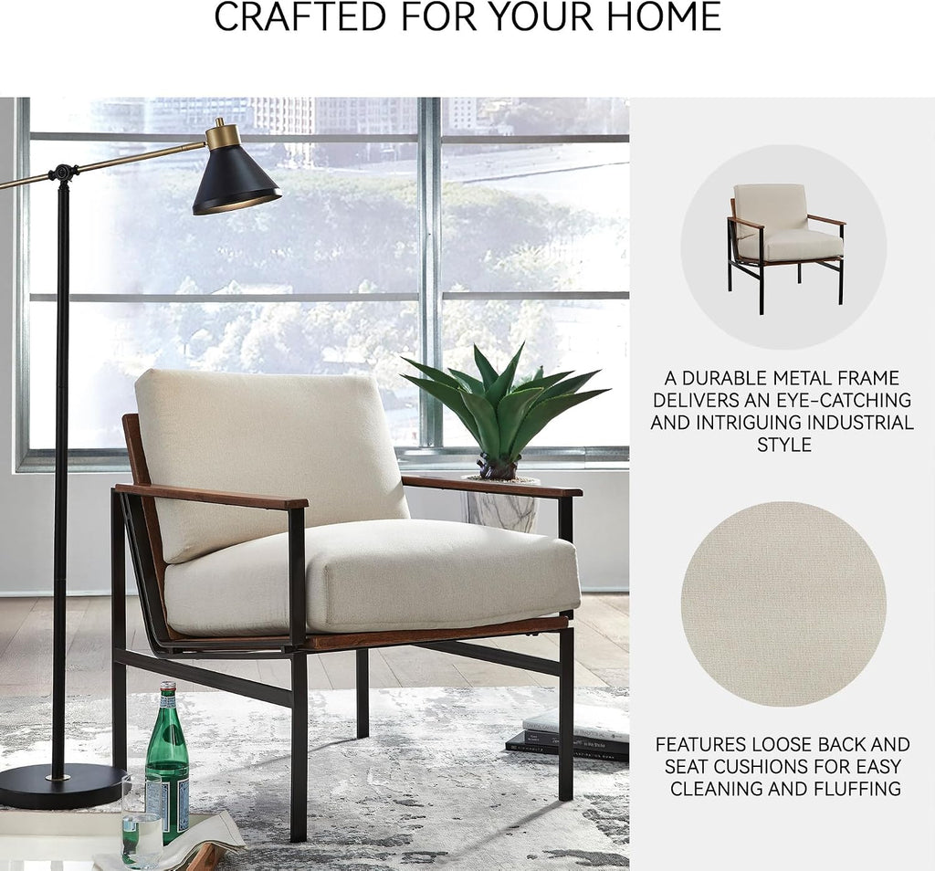 Signature Design by Ashley Accent Chair, Cream Upholstered Wood, Tilden | 100% polyester loose cushions, Warm brown wood arm caps, Oil-rubbed bronze tone metal base, Living room lounge seating