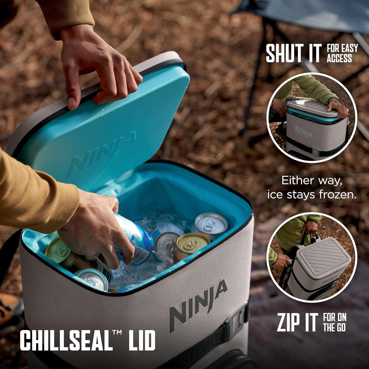 Ninja FrostVault™ Go Soft Backpack Cooler, Dry Storage, Birch Beige | Ninja FrostVault Go soft cooler, stays cool for hours with a leakproof, easy-access lid, and carries like a backpack