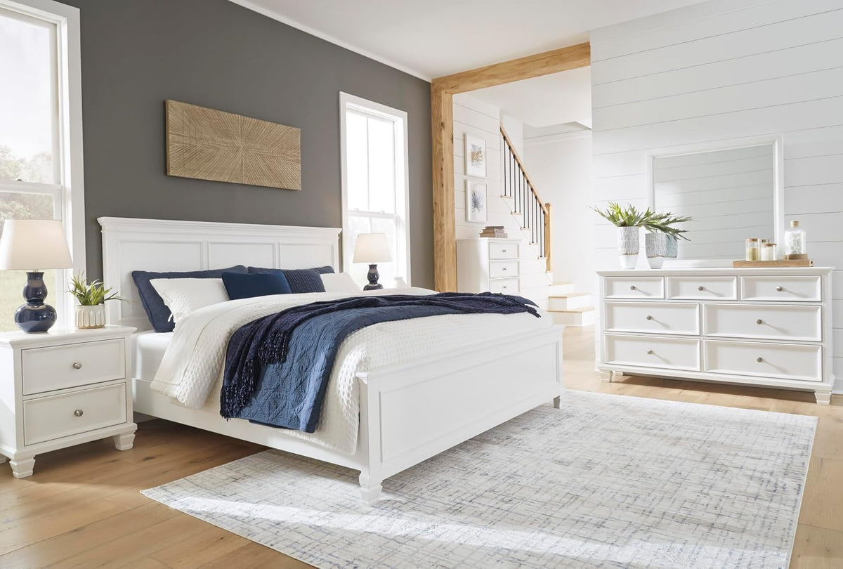 Signature Design by Ashley Fortman White 7-Drawer Wide Dresser for Bedroom | Painted wood chest, Tapered feet, Smooth ball-bearing glides, Durable hardwood solids and MDF substrate construction
