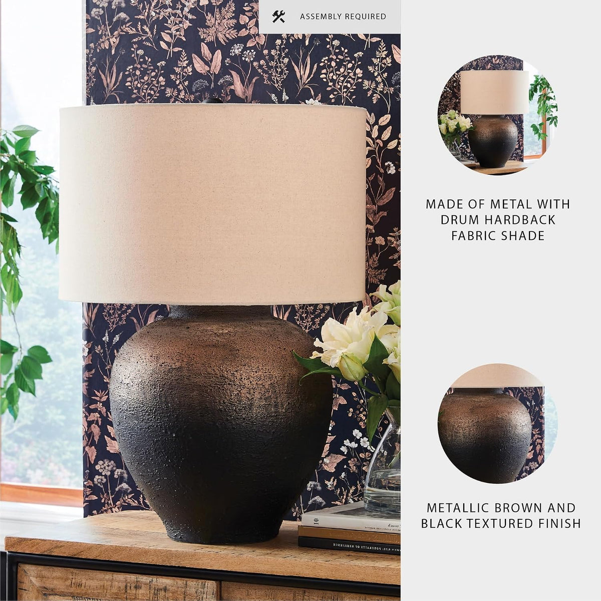 Signature Design by Ashley Newgerhard 1-Piece Table Lamp, 30.5 in, Metal | Textured rustic metal base, Cotton drum shade, Adjustable 3-way brightness, Large industrial style