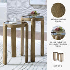Signature Design by Ashley Round Nesting Mango Wood End Table Set of 2 | Light brown tempered glass tops with natural wood finish frames, Space saving compact nesting side tables, Jossor Series