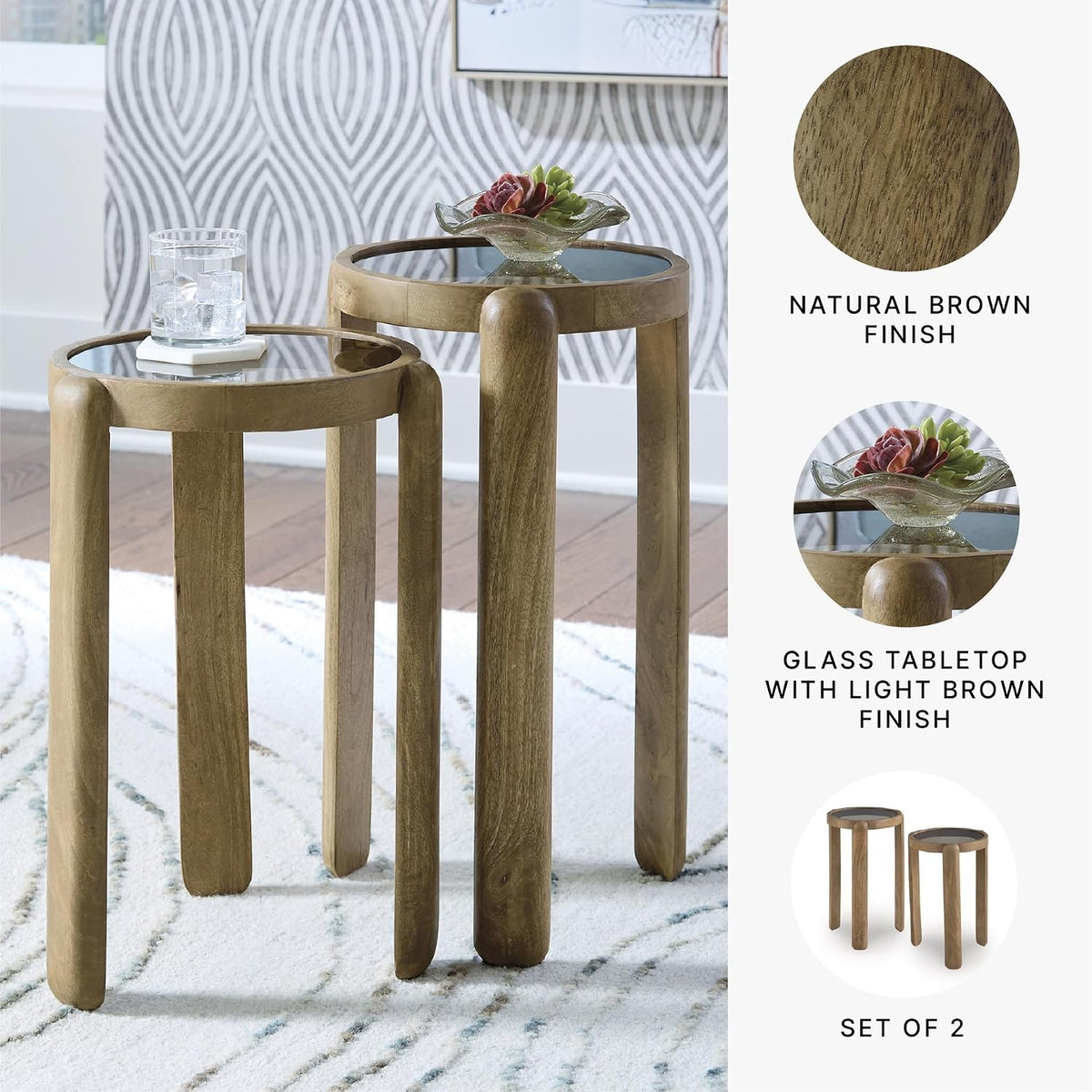 Signature Design by Ashley Round Nesting Mango Wood End Table Set of 2 | Light brown tempered glass tops with natural wood finish frames, Space saving compact nesting side tables, Jossor Series