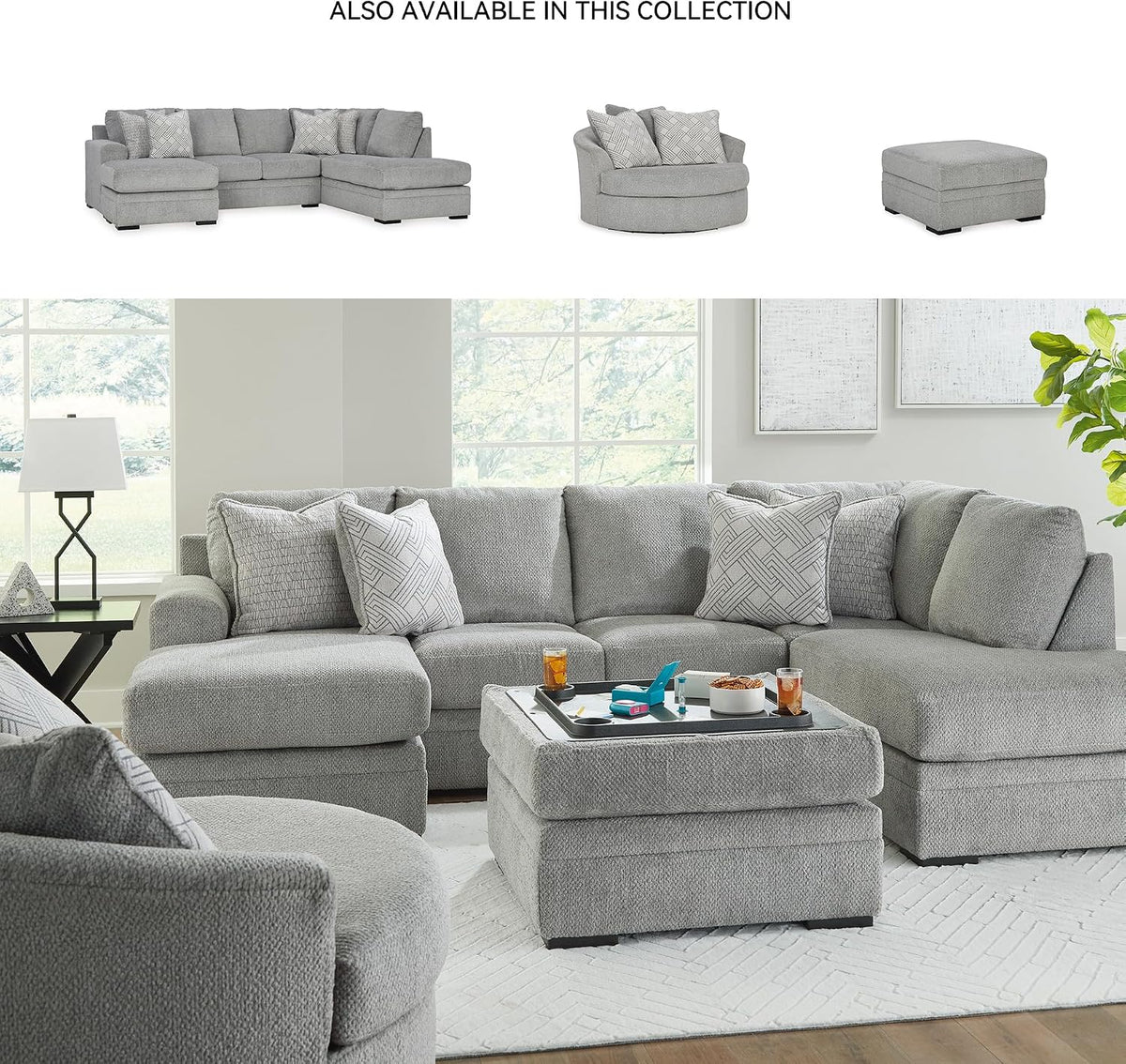 Signature Design by Ashley Square Ottoman with Storage and Cup Holders | Cement gray 100% polyester velvet, No assembly required, Faux wood legs, Casselbury Series