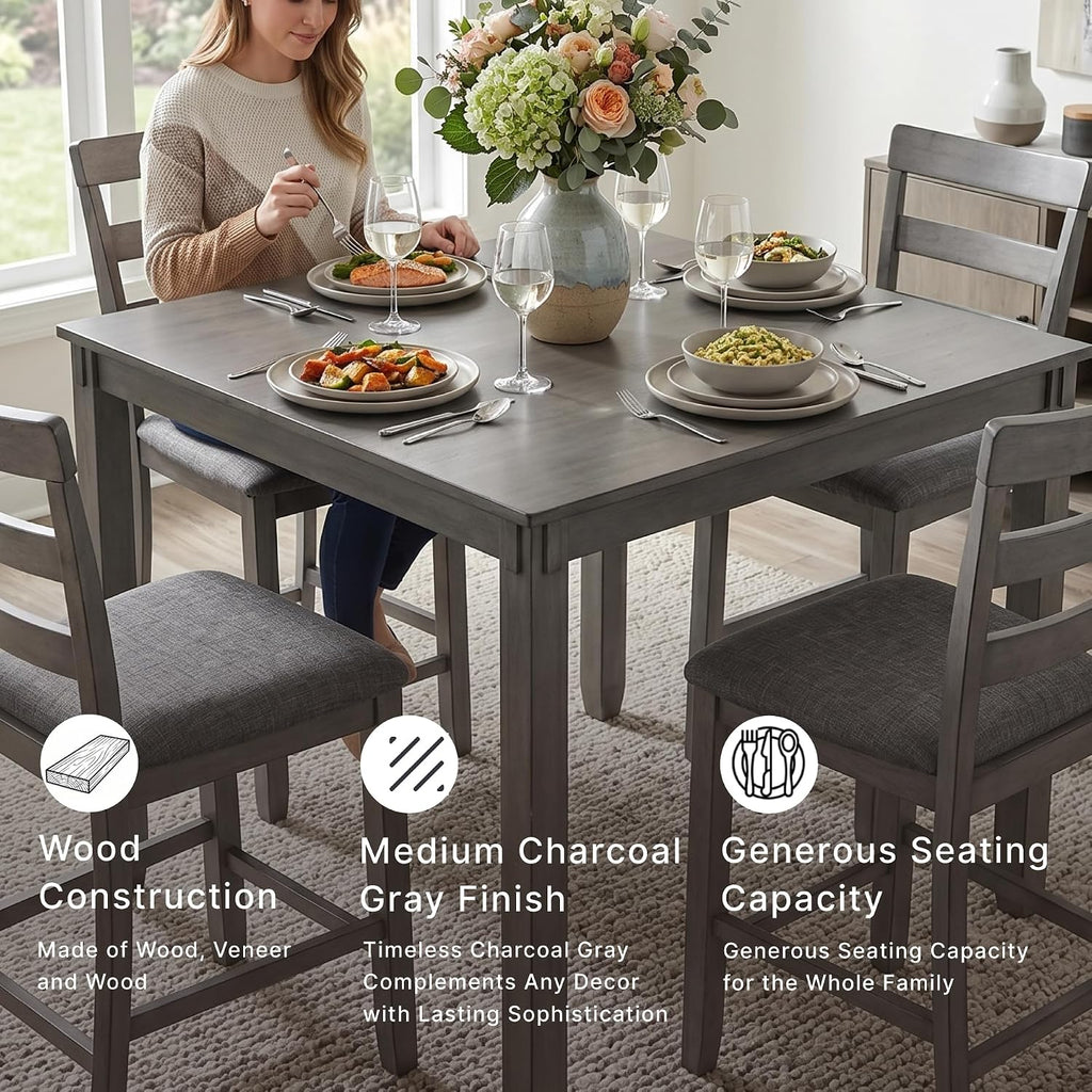 Signature Design by Ashley 5-Piece Square Counter Height Dining Set, Gray | Textured gray polyester fabric with wood, veneer and engineered wood, Small kitchen table for 4, Bridson Series