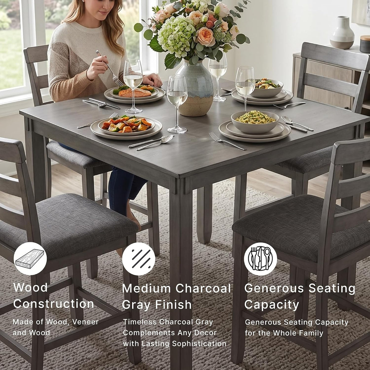 Signature Design by Ashley 5-Piece Square Counter Height Dining Set, Gray | Textured gray polyester fabric with wood, veneer and engineered wood, Small kitchen table for 4, Bridson Series