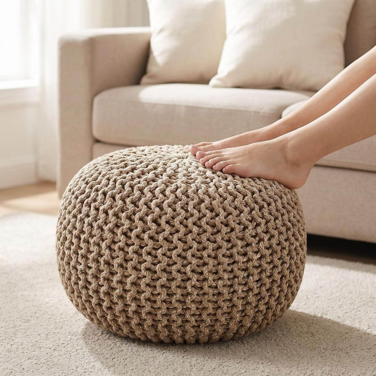 · REDEARTH · Round Pouf Ottoman - Hand Knitted Boho Poof Footrest - Ivory