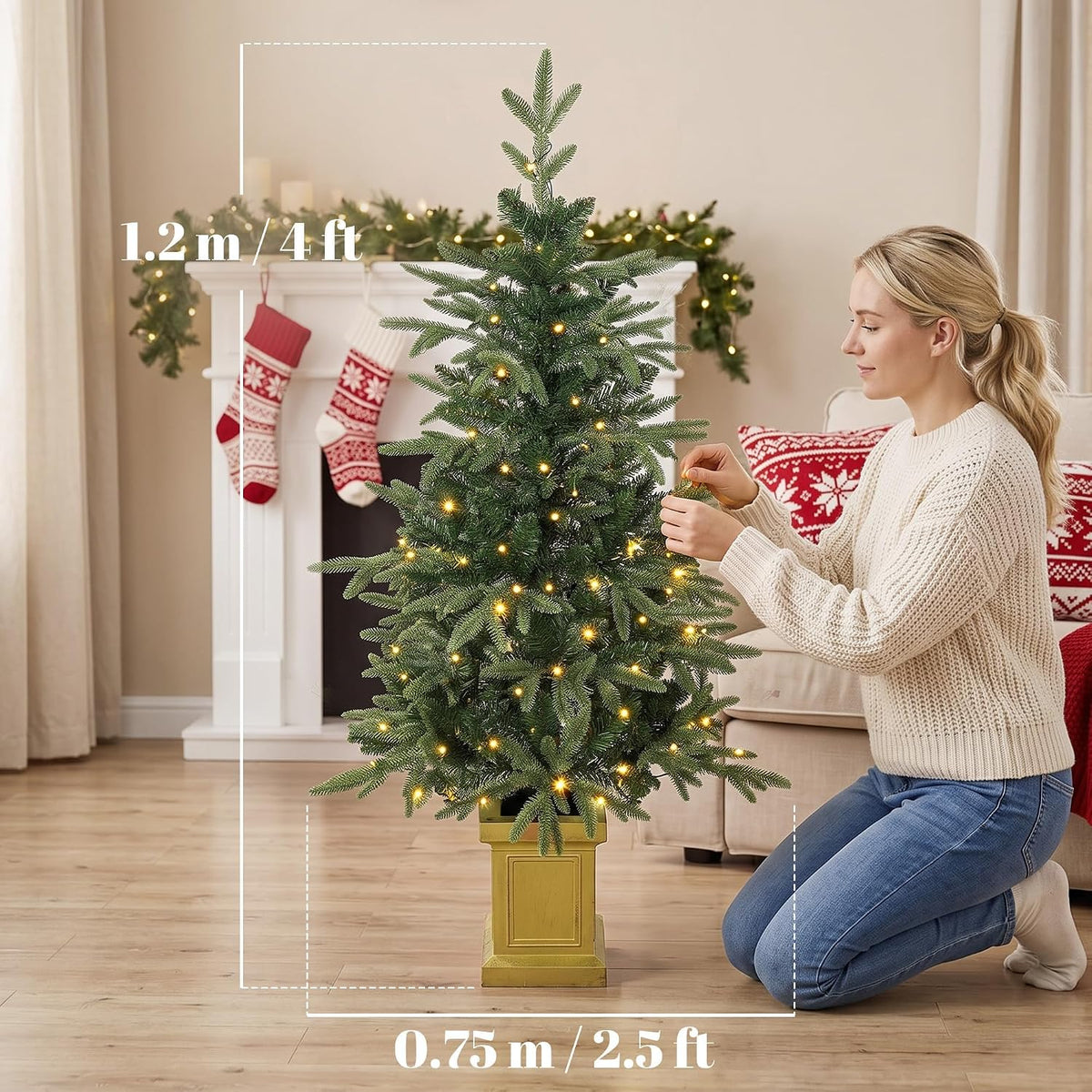 HOMCOM Set of 2 Prelit Christmas Trees with Dual-Colour Lights, Remote, 4ft