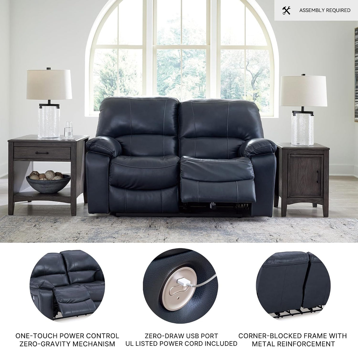 Signature Design by Ashley Leesworth Power Reclining Loveseat, Ocean Blue | Space-saving zero wall design, Top grain leather touchpoints, Built-in zero-draw USB ports, 32 in minimum doorway width