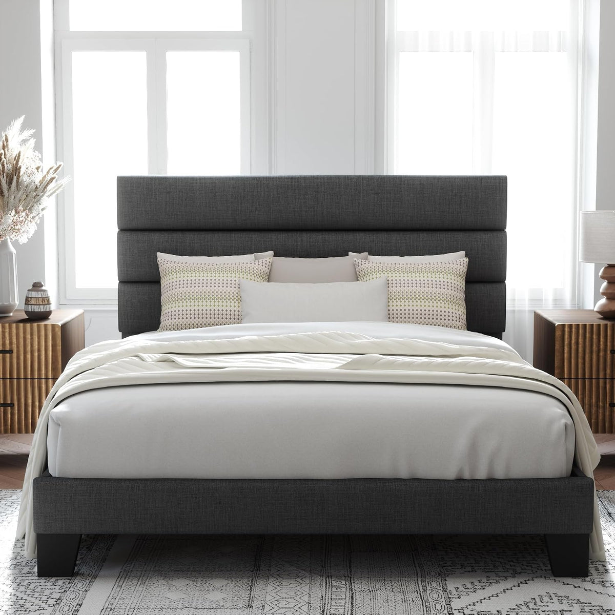 Allewie Queen Size Platform Bed Frame with Fabric Upholstered Headboard