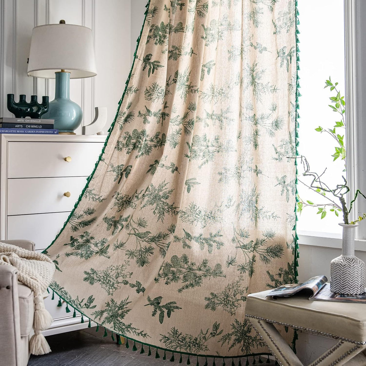 Sutuo Home Boho Curtain Crochet Lace Semi-Sheer Florals Hollow Knitted Handmade Tassels, Rod Pocket Window Treatment Vintage Rustic Farmhouse Drapes for Living Bedroom, 1 Panel 59" W x 84" L, Beige