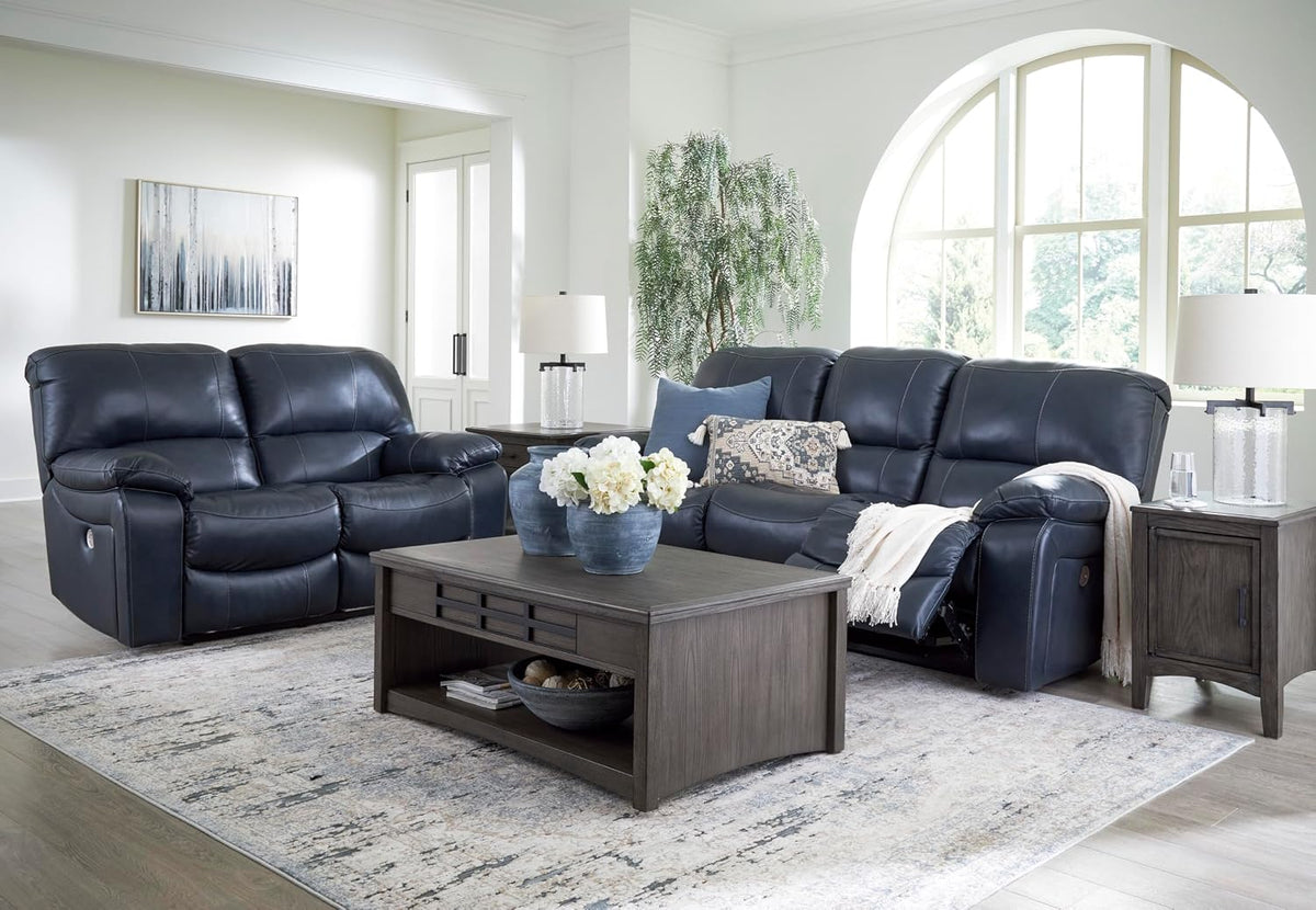 Signature Design by Ashley Leesworth Power Reclining Loveseat, Ocean Blue | Space-saving zero wall design, Top grain leather touchpoints, Built-in zero-draw USB ports, 32 in minimum doorway width
