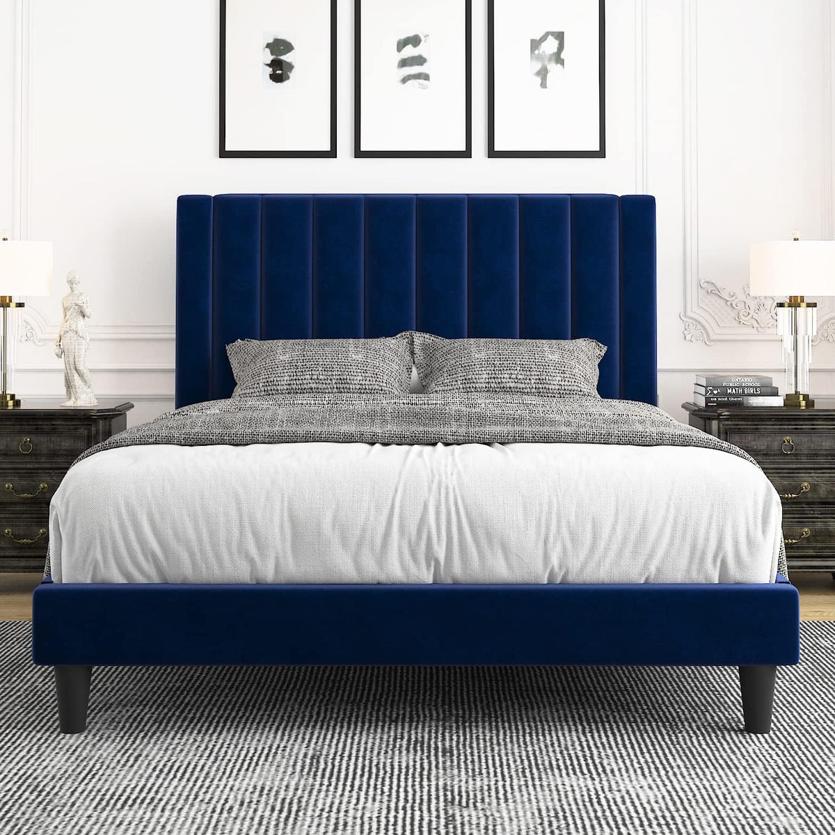 Allewie Queen Platform Bed Frame/Velvet Upholstered Bed Frame with Vertical Channel Tufted Headboard/Strong Wooden Slats/Mattress Foundation/Box Spring Optional/Easy Assembly/Navy Blue