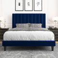 Allewie Queen Platform Bed Frame/Velvet Upholstered Bed Frame with Vertical Channel Tufted Headboard/Strong Wooden Slats/Mattress Foundation/Box Spring Optional/Easy Assembly/Navy Blue