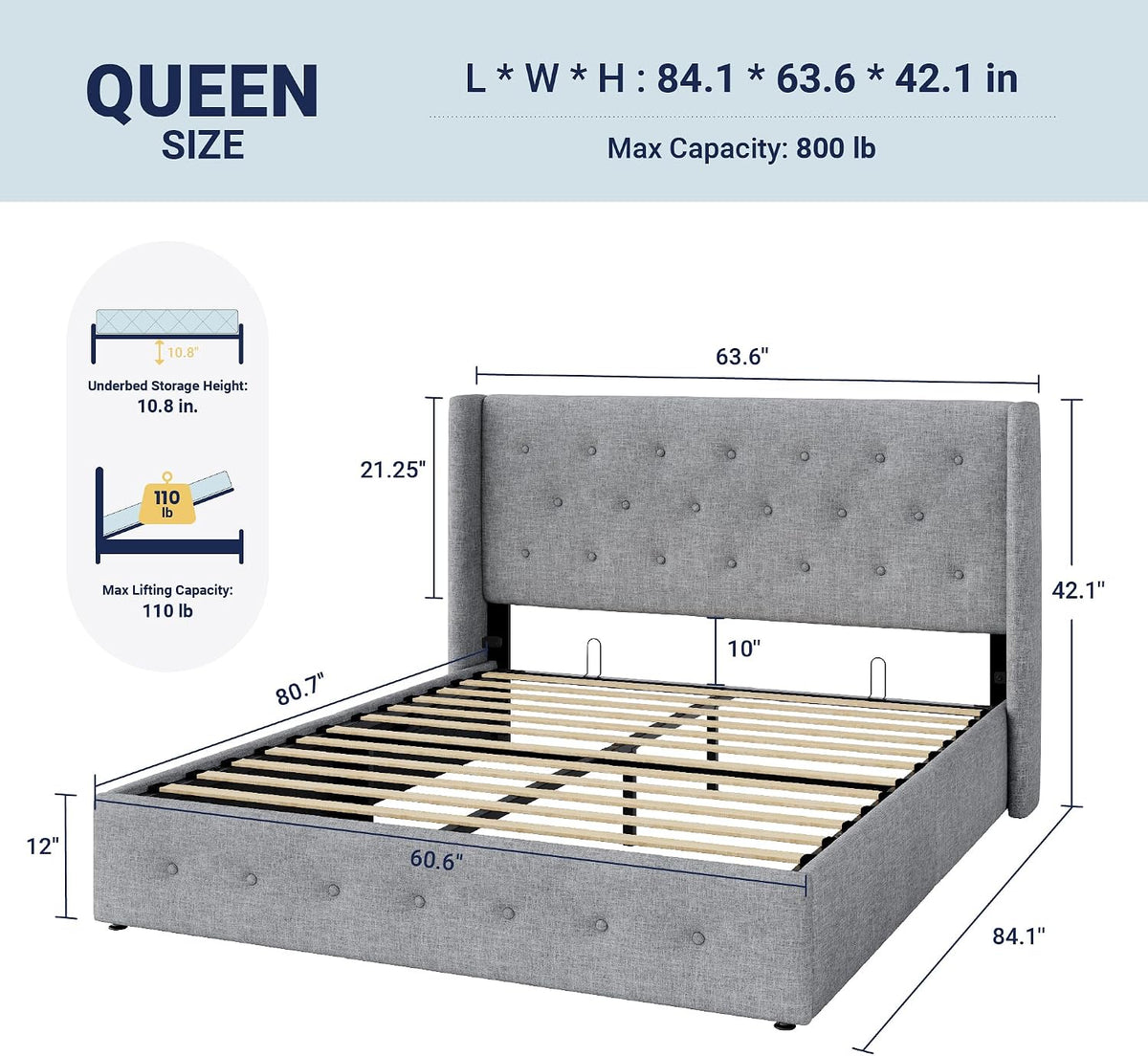 Allewie Queen Size Lift Up Storage Button-Tufted Bed Frame Light Grey