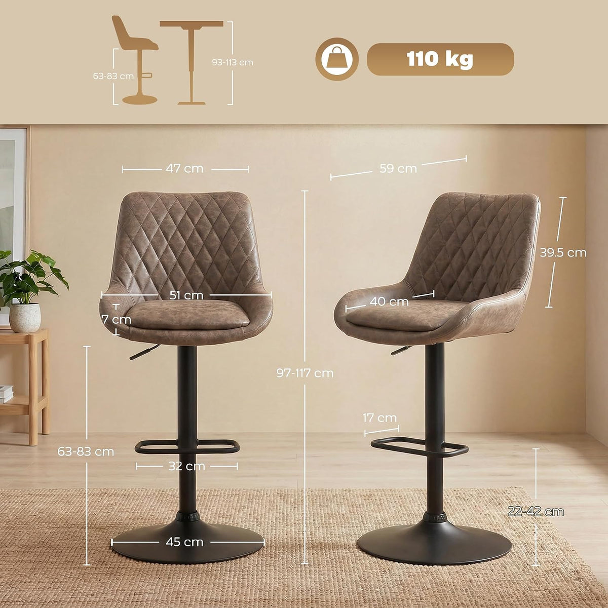 HOMCOM Breakfast Bar Stools Set of 2 Height Adjustable Swivel Coffee
