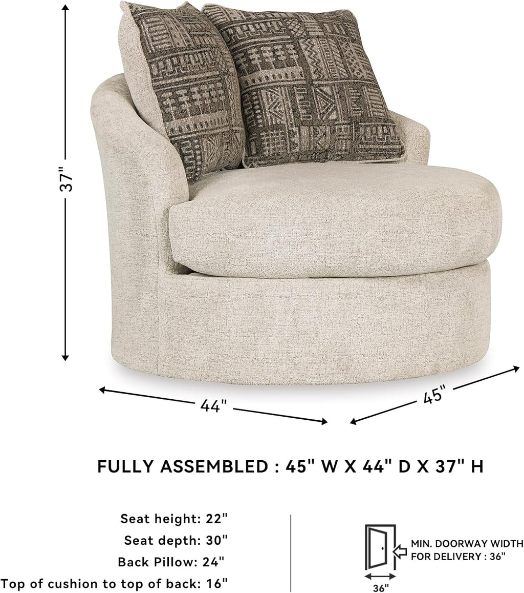Signature Design by Ashley Soletren Oversized Swivel Accent Chair, Stone | Cozy 100% polyester chenille, Smooth 360-degree swivel base, Includes 2 geometric throw pillows