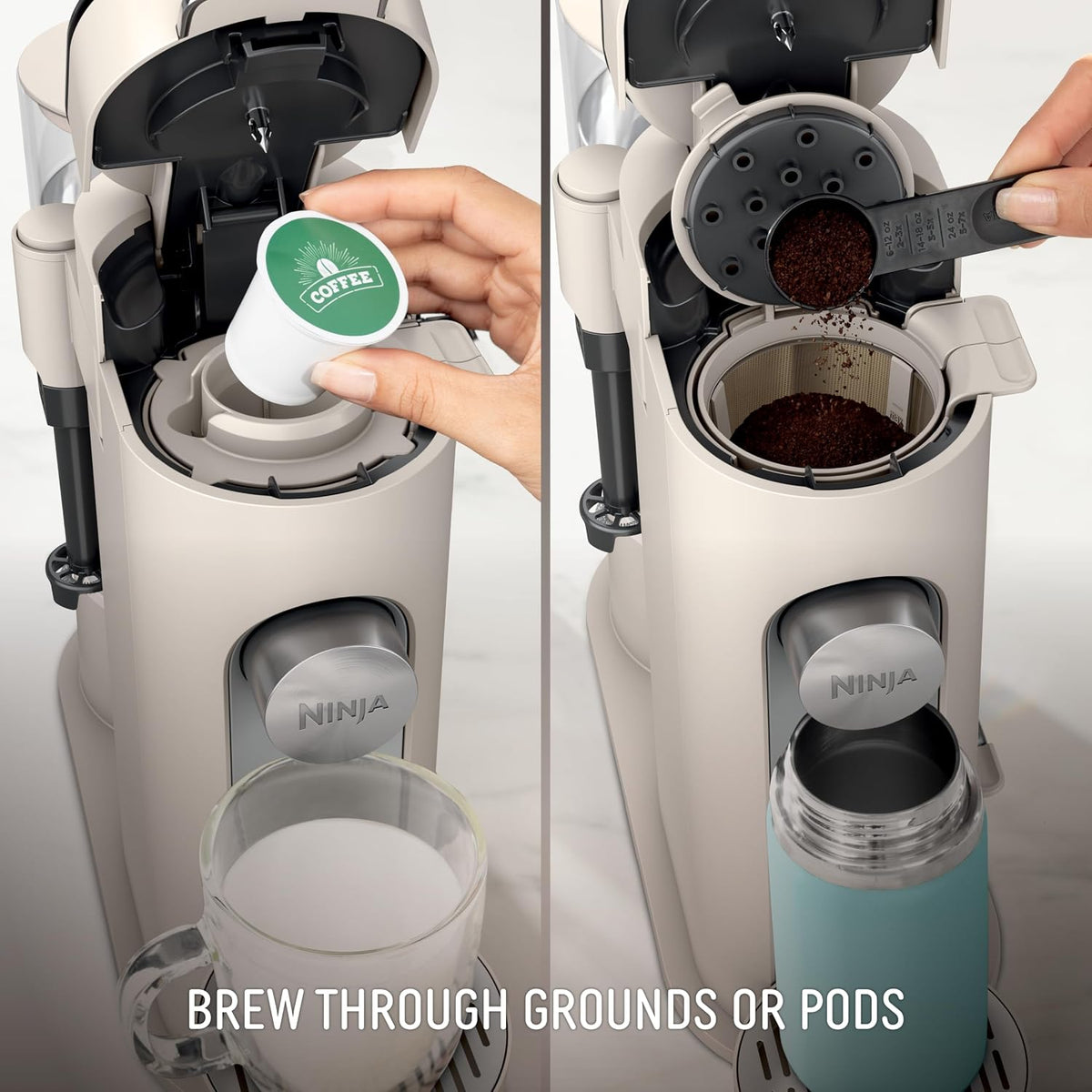 Ninja Pod & Grounds, XL Coffee Maker, K-Cup Compatible, Stone, PB055AST | Brews Grounds, Compact Design, Built-In Milk Frother, 68-oz. Reservoir, 6-oz. Cup to 24-oz. Mug Sizes