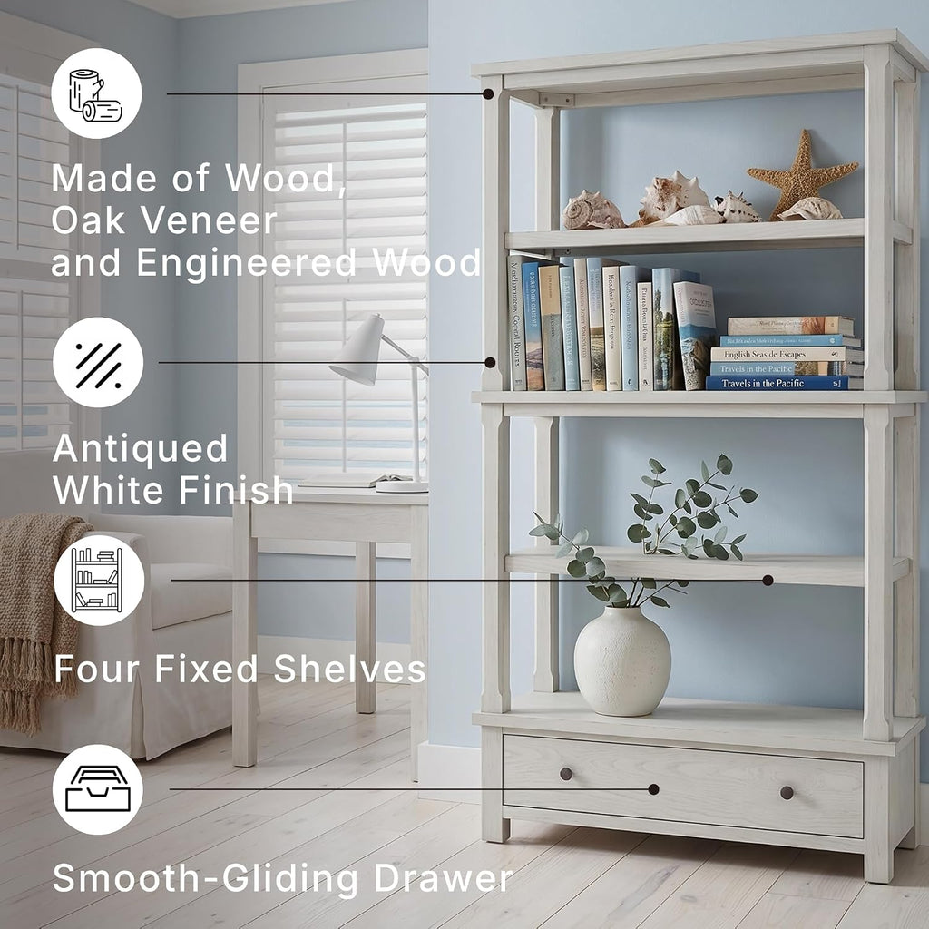 Signature Design by Ashley Robbinsdale 75" Farmhouse Bookcase with Drawer | Hardwood solids and oak veneer, 75 inch tall bookshelf with drawer, Antique white finish, 14 to 17 inch deep fixed shelves