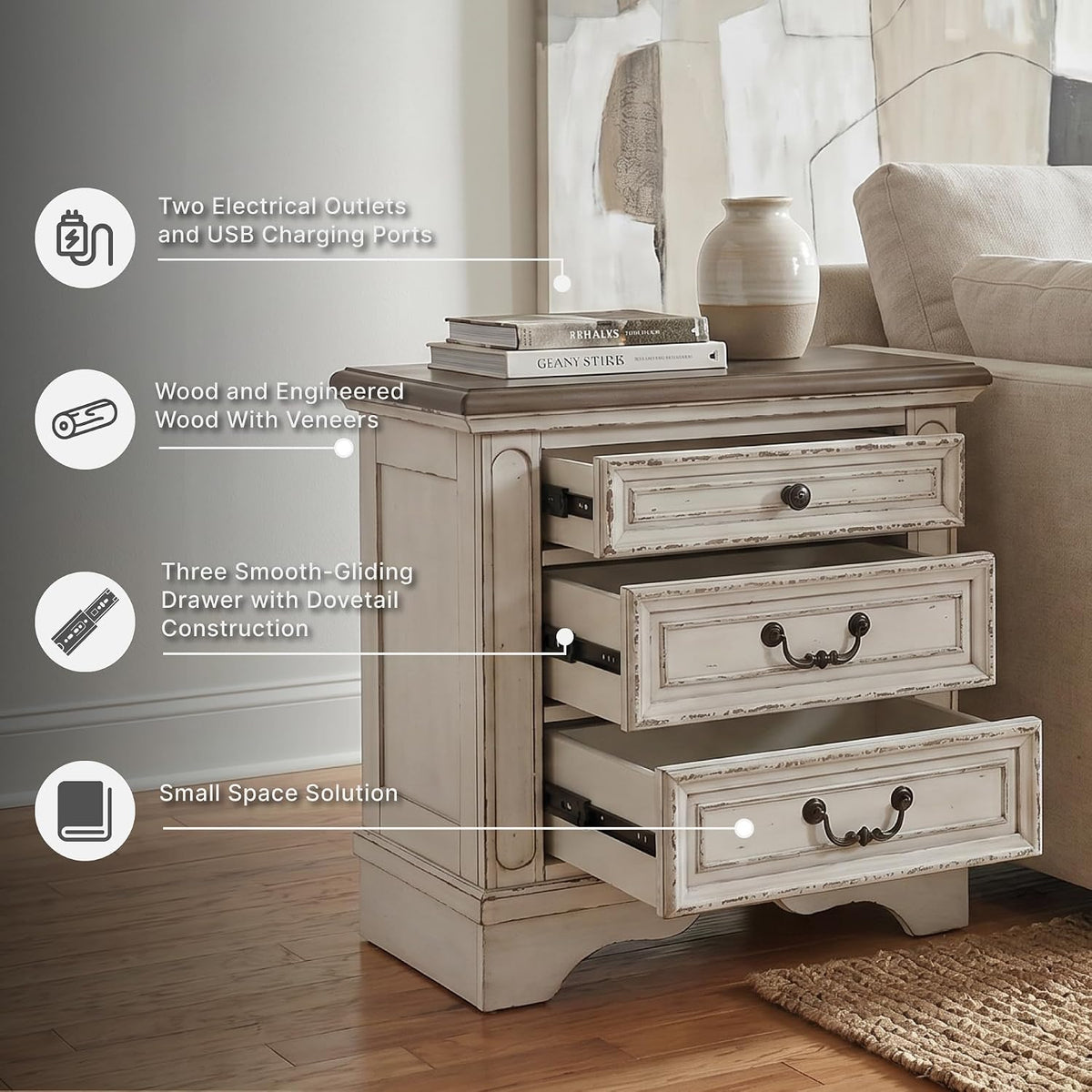 Signature Design by Ashley 3 Drawer Nightstand with Charging Station | Charming vintage two-tone finish, Built-in power strip with 108 in cord, Elegant cast resin corbels, Realyn Series