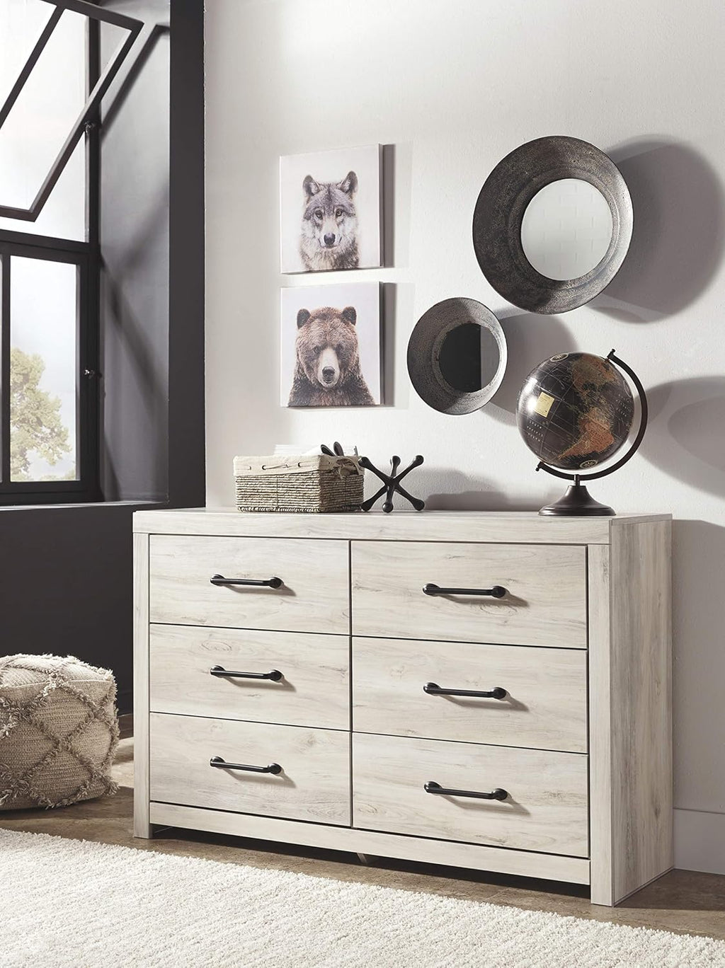 Signature Design by Ashley Cambeck 6 Drawer Dresser, Farmhouse White Wood | 59"W double dresser in engineered wood and decorative laminate, 6 drawers with faux linen lining, Includes tip restraint