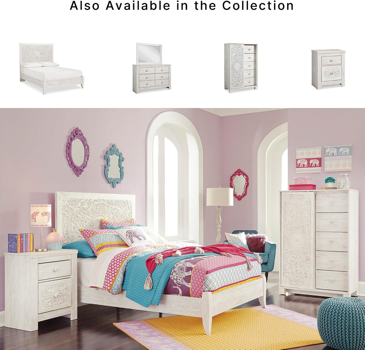 Signature Design by Ashley Panel Bed Frame, White Full Size, Paxberry | Boho carved floral medallion, Adjustable height headboard, Durable engineered wood, Standard full size mattress fit