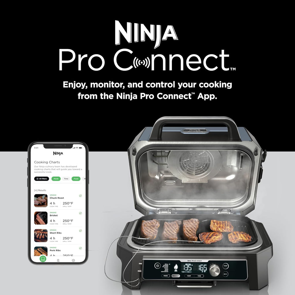 Ninja Woodfire ProConnect Premium XL BBQ Grill, 7-in-1, App Enabled, Blue | 180 sq in of cooking space with app-connected dual thermometers, and real wood-fired flavor