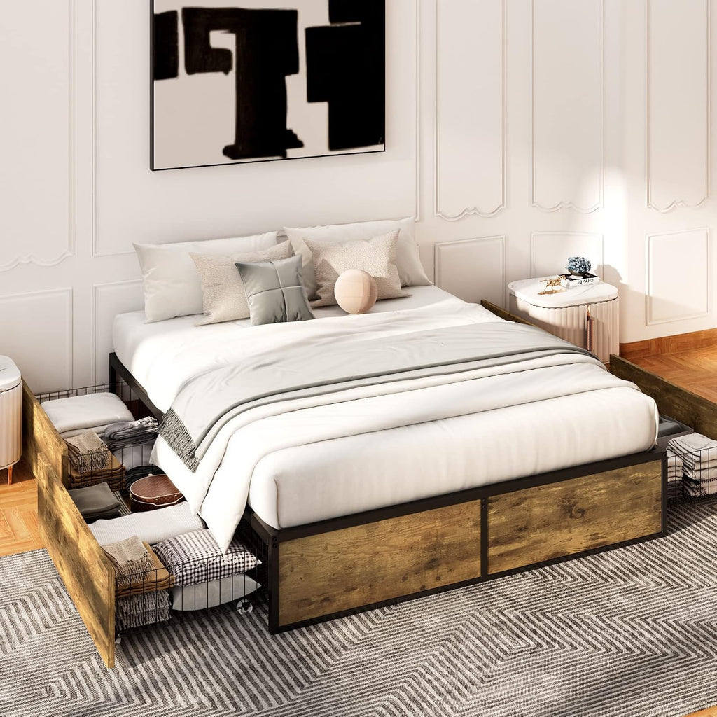 Allewie Industrial Storage Bed with 4 Large Drawers, Queen