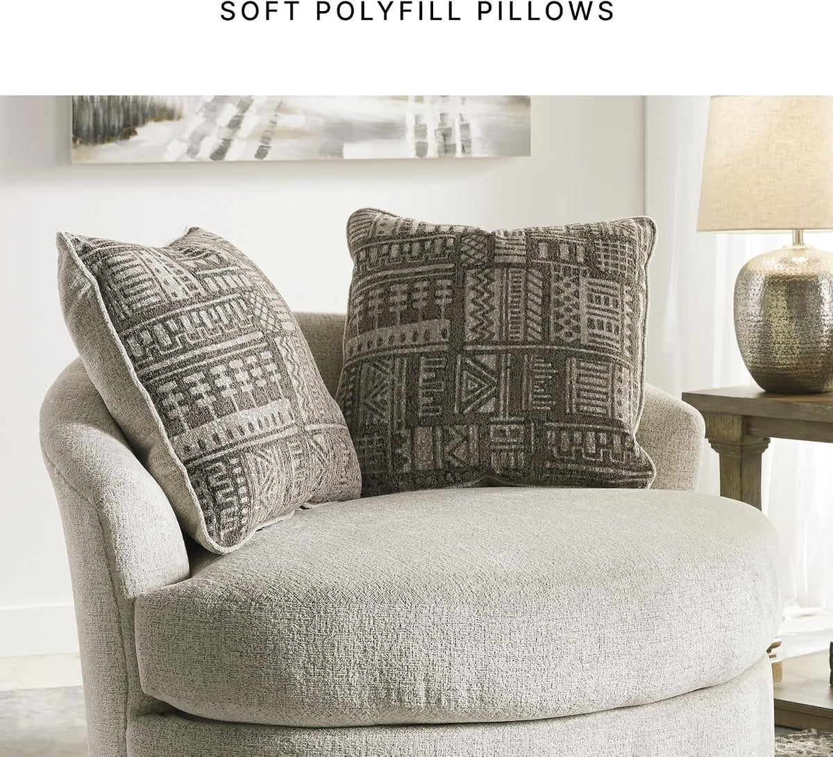 Signature Design by Ashley Soletren Oversized Swivel Accent Chair, Stone | Cozy 100% polyester chenille, Smooth 360-degree swivel base, Includes 2 geometric throw pillows