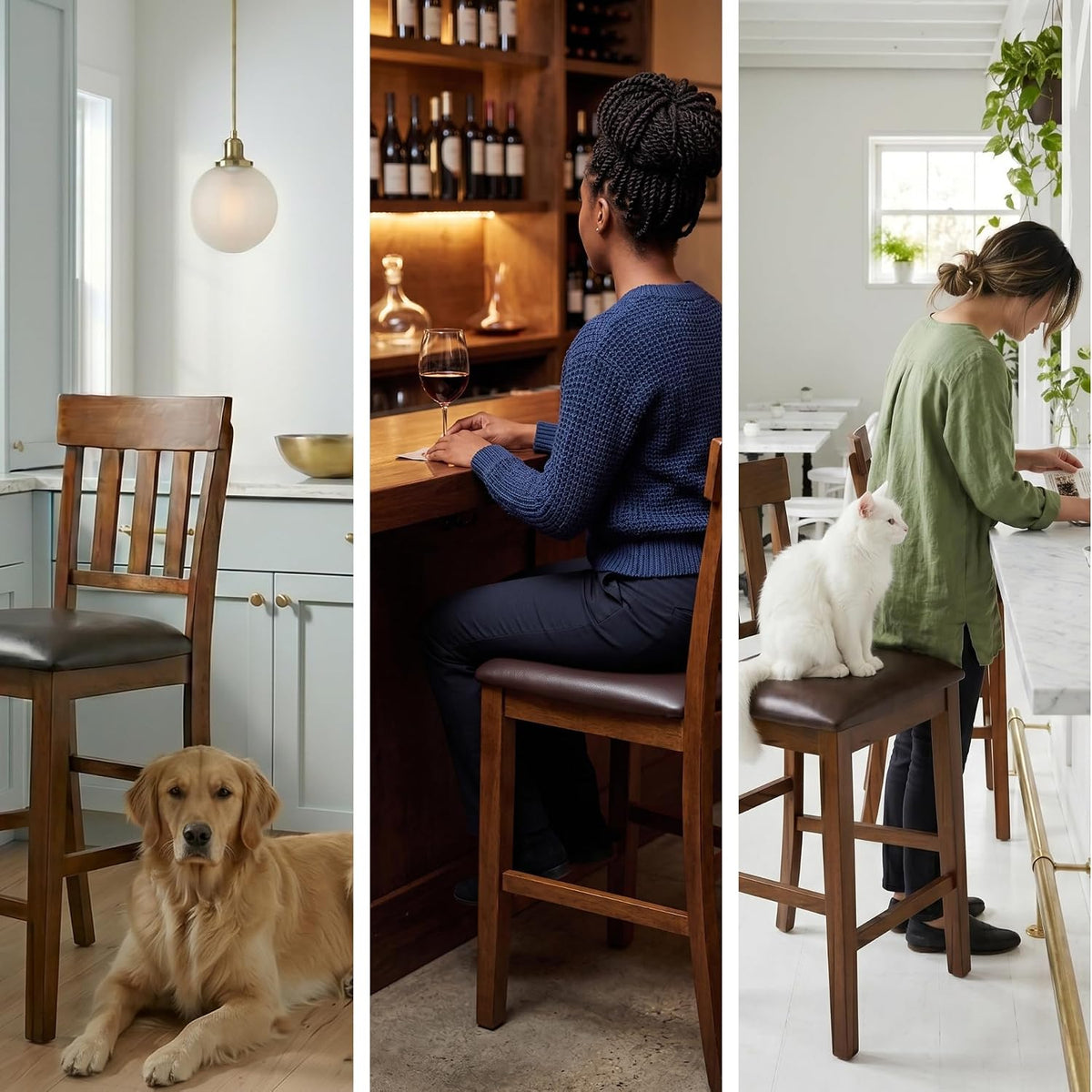Signature Design by Ashley Counter Height Bar Stool, Set of 2, Slat Back | Wipe-clean faux leather cushion, Veneers, wood and engineered wood frame, 25.63-inch seat height, Ralene Series