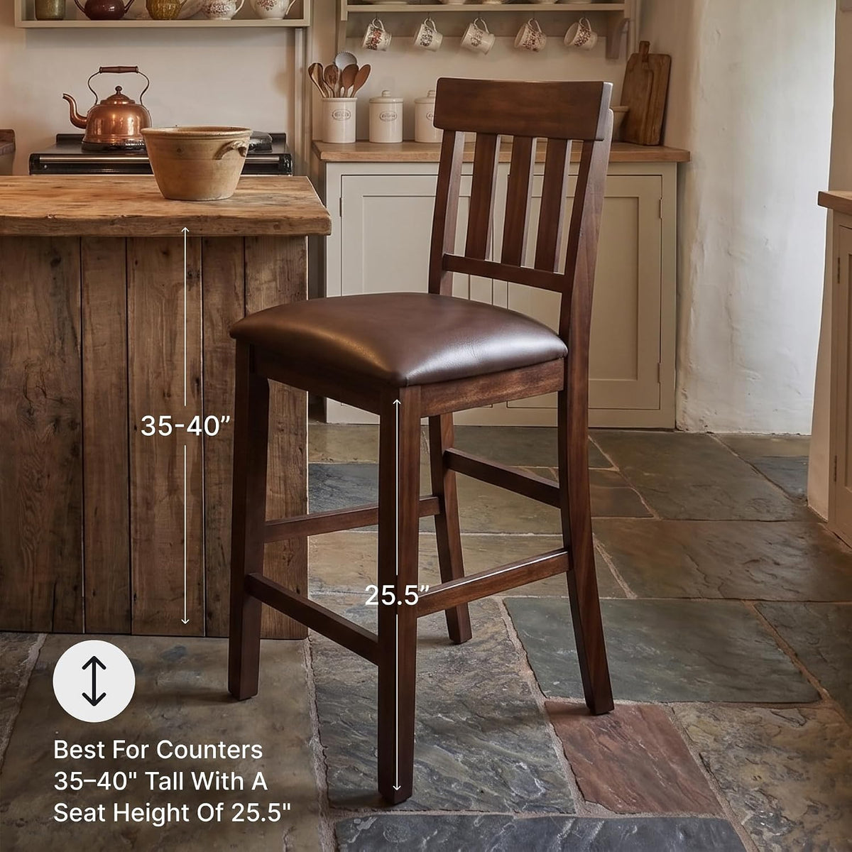Signature Design by Ashley Haddigan Counter Height Bar Stool, Set of 2 | Easy-clean faux leather cushioned seat, Casual farmhouse wood slat back design, 25.6-inch seat height for kitchen islands