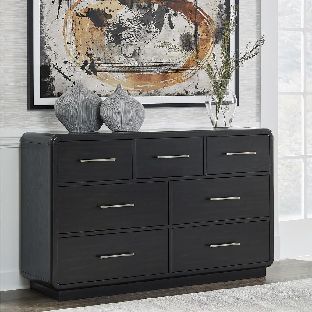 Signature Design by Ashley Rowanbeck Dresser, Black Wood 7 Drawer Chest for Bedroom, Hardwood Solids and Ash Veneer, Contemporary Storage for Master Suites, Black, 64" W