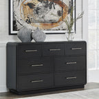 Signature Design by Ashley Rowanbeck Dresser, Black Wood 7 Drawer Chest for Bedroom, Hardwood Solids and Ash Veneer, Contemporary Storage for Master Suites, Black, 64" W