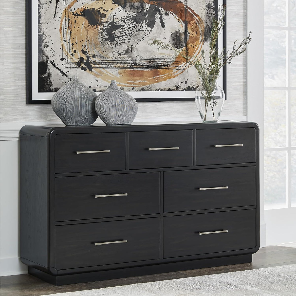 Signature Design by Ashley Rowanbeck Dresser, Black Wood 7 Drawer Chest for Bedroom, Hardwood Solids and Ash Veneer, Contemporary Storage for Master Suites, Black, 64" W