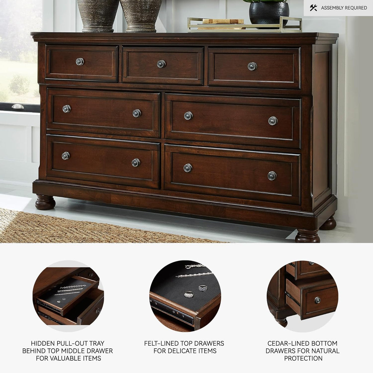 Signature Design by Ashley Porter 7-Drawer Wood Bedroom Dresser, Brown | Traditional chest of drawers, Hidden jewelry tray, Cedar-lined bottoms, Organized bedroom storage