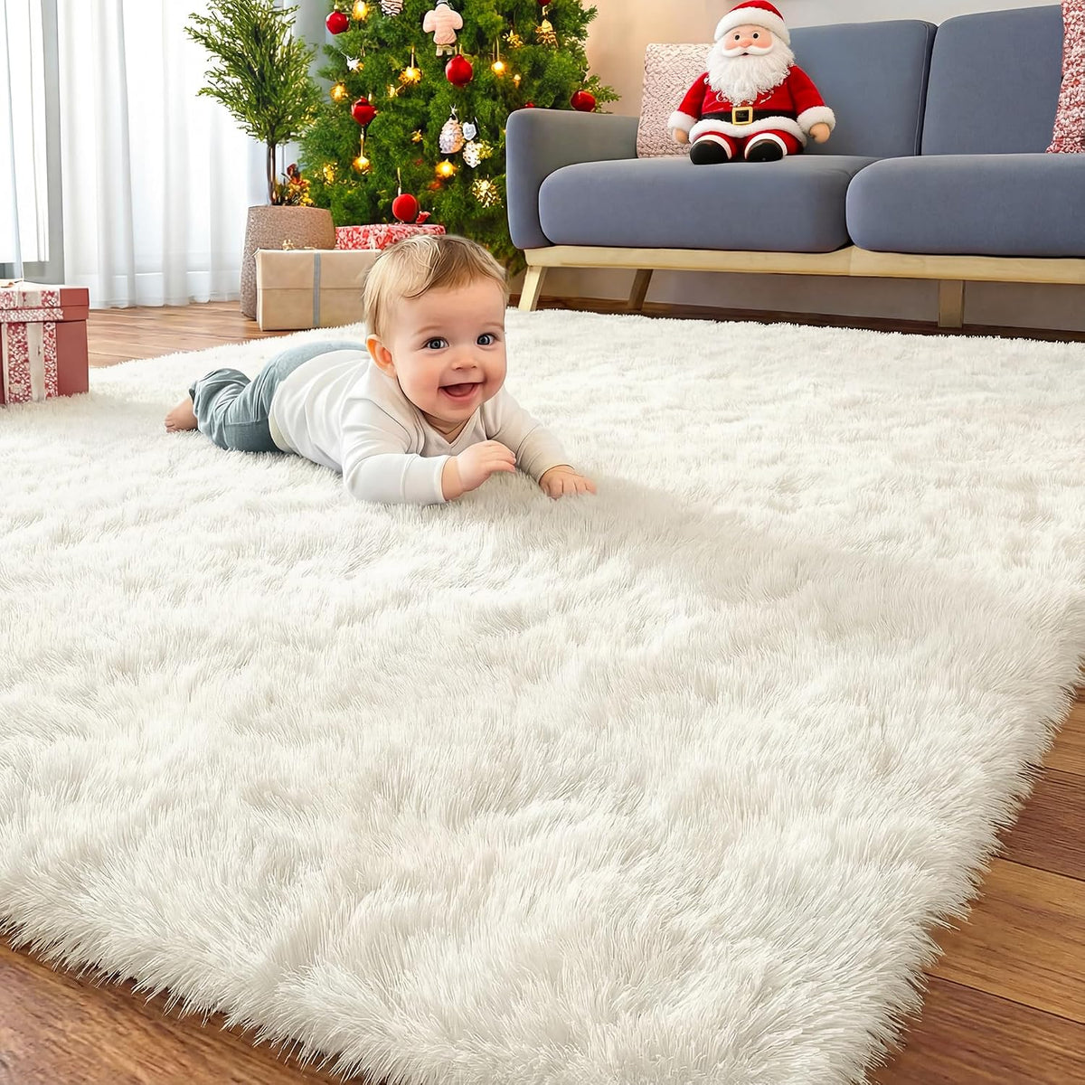 OLANLY Beige Round Rugs for Bedroom - Machine Washable, 4 ft Circle Area Rugs for Living Room, Soft and Fluffy Shaggy Carpet for Teen Girls and Boys, Nursery Rooms, Dorms, Home Decor Aesthetic